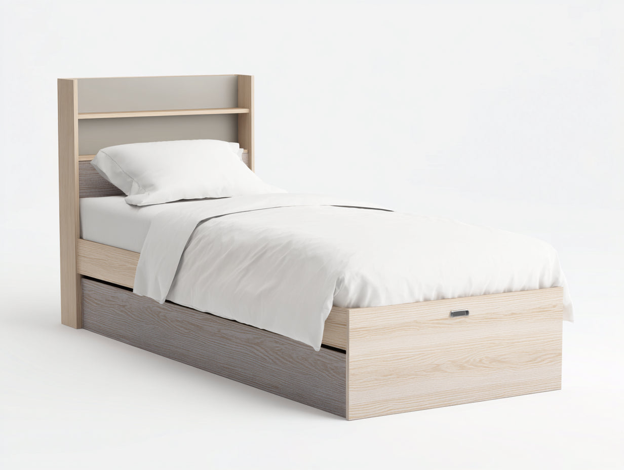 Camas individuales de madera manufacturada 205x105x145 cm madera clara con 1 cajón y cabecero con estantes para dormitorio estilo moderno