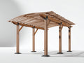 Pérgola de jardín de madera 400x300x260 cm - madera natural y metal oscuro - techo curvo de lamas