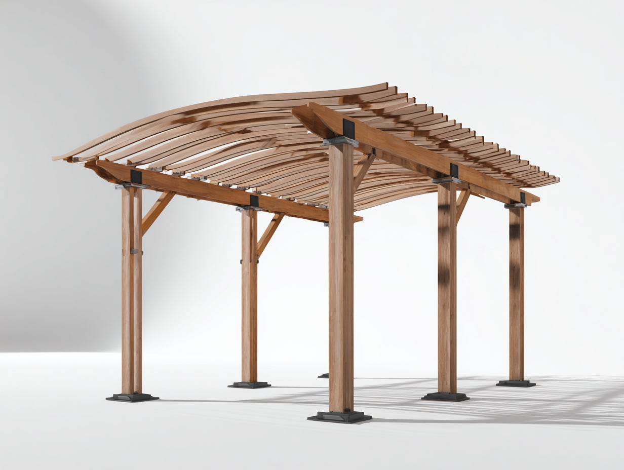 Pérgola de jardín de madera 400x300x260 cm - madera natural y metal oscuro - techo curvo de lamas