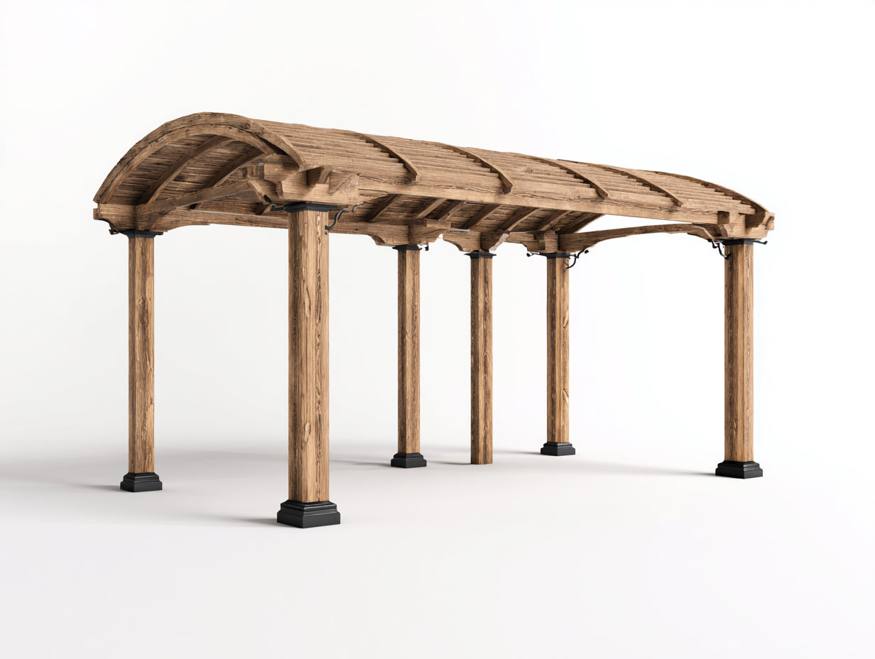 Pérgola de jardín de madera 420x300x250 cm - roble natural y negro - techo curvo con lamas para terraza