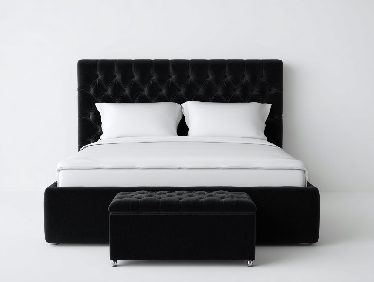 Camas dobles tapizadas en tela 215x170x125 cm negro con cabecero capitoné para dormitorio estilo elegante