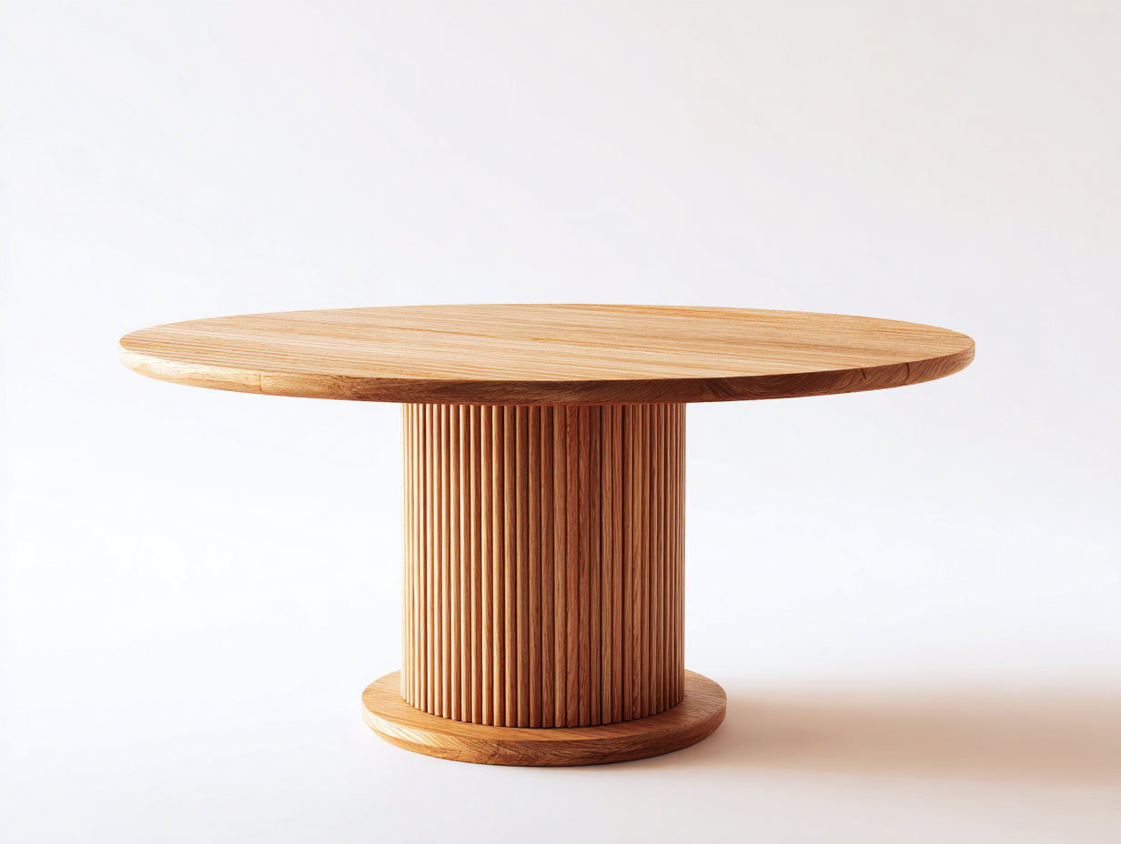 Mesas de jardín de madera 145x145x76 cm marrón natural redonda con base pedestal acanalada para exterior estilo contemporáneo