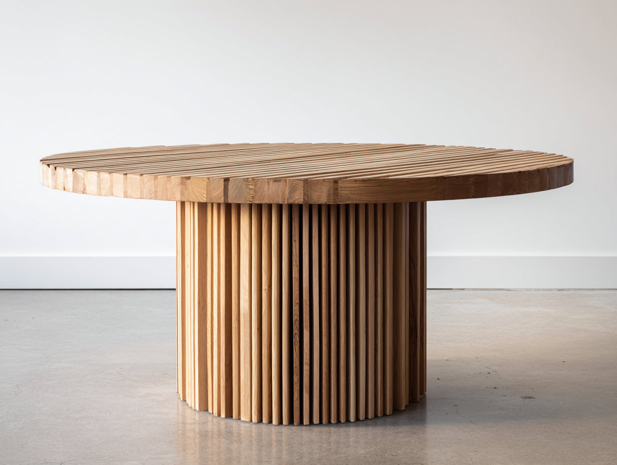 Mesas de jardín de madera 140x140x75 cm marrón natural redonda con base acanalada para exterior estilo contemporáneo