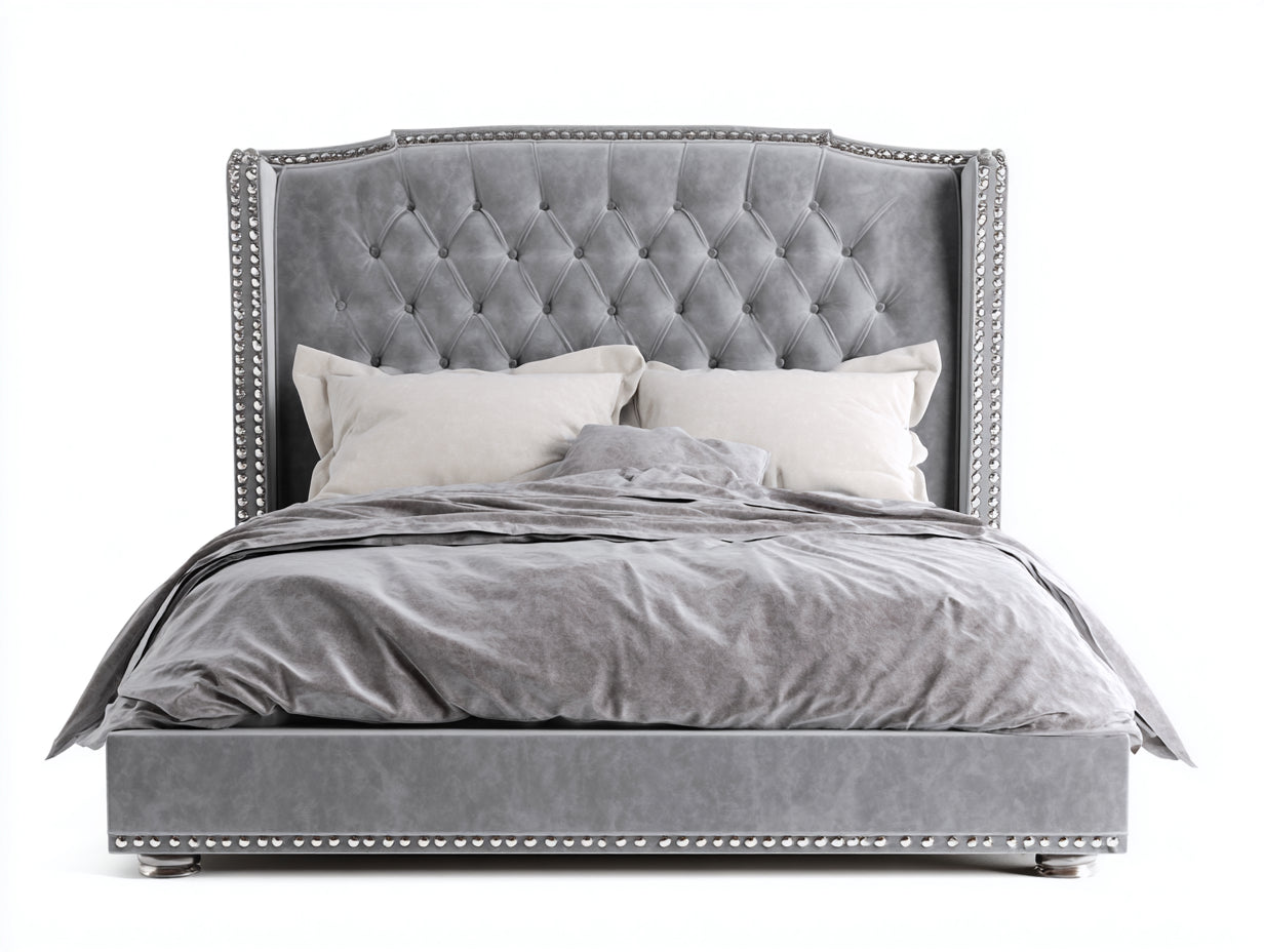Camas dobles tapizadas 220x170x125 cm - gris - cabecero capitoné con tachuelas para dormitorio
