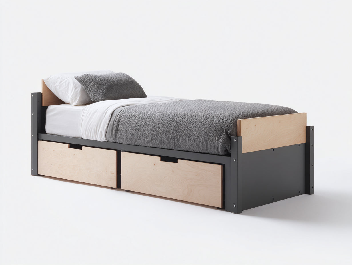 Camas individuales de madera 206x96x82 cm - roble claro y negro - con 2 cajones para dormitorio