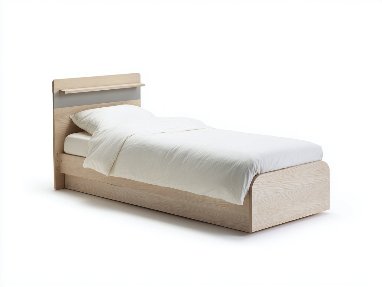 Camas individuales de madera 206x96x90 cm - roble claro y gris - cabecero con repisa para dormitorio