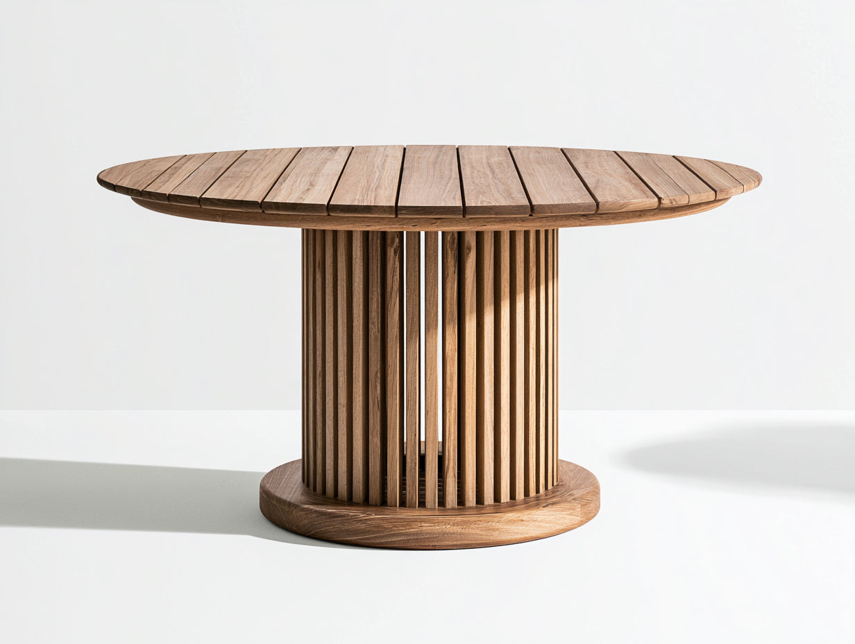Mesas de jardín de madera 140x140x75 cm - madera natural - estilo moderno para terraza con tablero redondo de listones