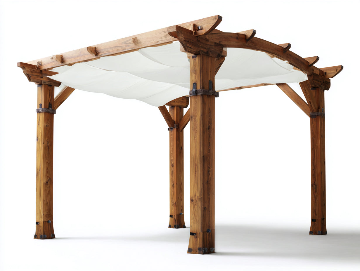 Pérgola de jardín de madera 300x300x250 cm - madera natural y blanco - cubierta de tela
