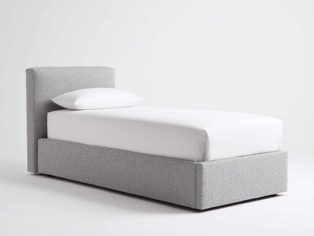 Camas individuales tapizadas en tela 208x108x112 cm gris claro con cabecero acolchado para dormitorio estilo moderno