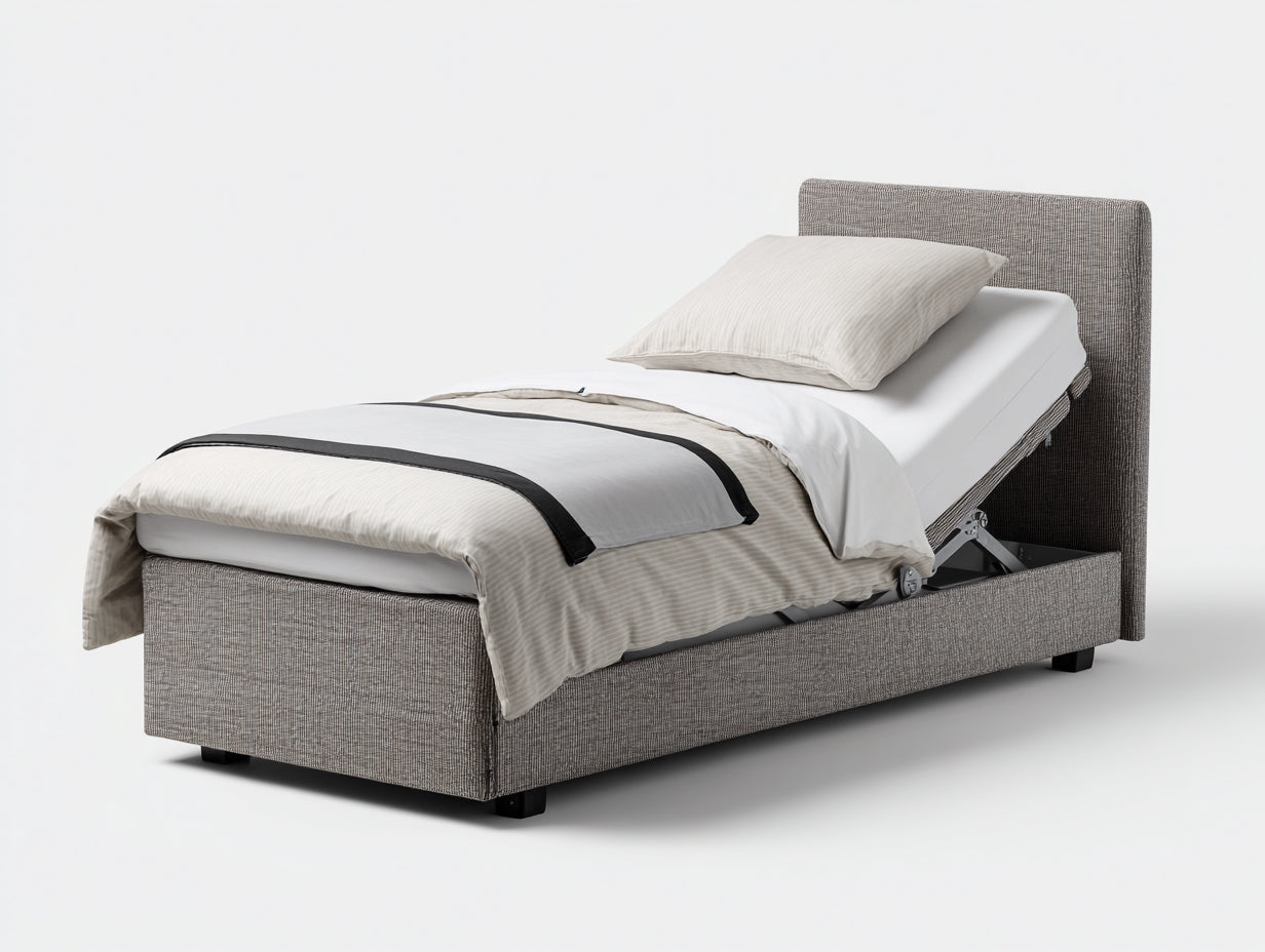Camas individuales tapizadas en tela 205x100x95 cm - Gris topo y negro - Diseño abatible para dormitorio
