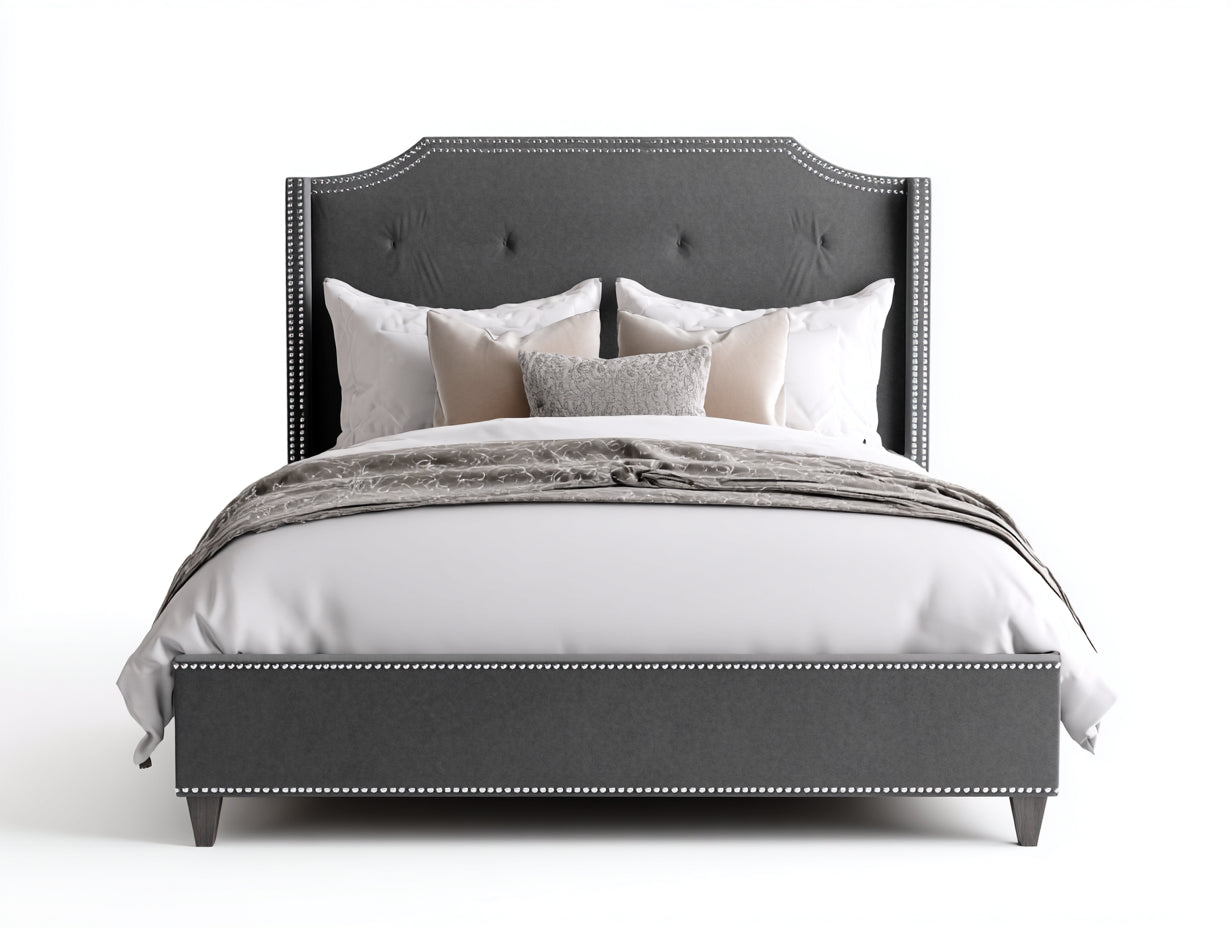 Camas dobles tapizadas en tela 210x190x128 cm - gris oscuro y plateado - estilo clásico para dormitorio con tachuelas decorativas
