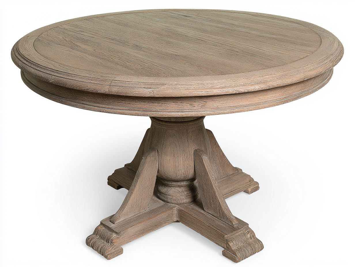 Mesas de jardín de madera maciza 120x120x76 cm - Madera natural envejecida - Diseño redondo con pedestal para terraza