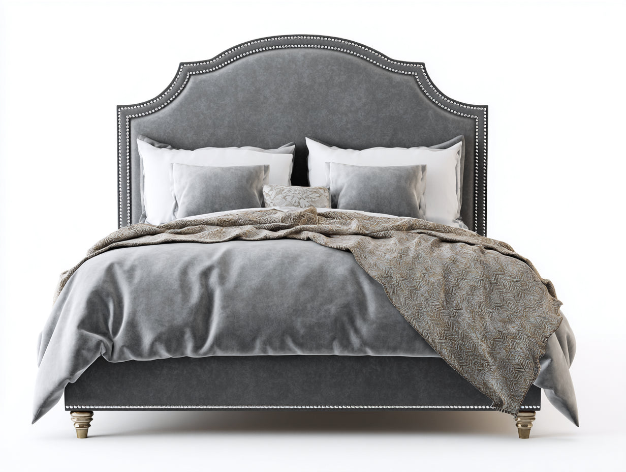 Camas dobles con tapizado en terciopelo 218x175x150 cm - Gris oscuro y dorado - Diseño clásico con cabecero alto