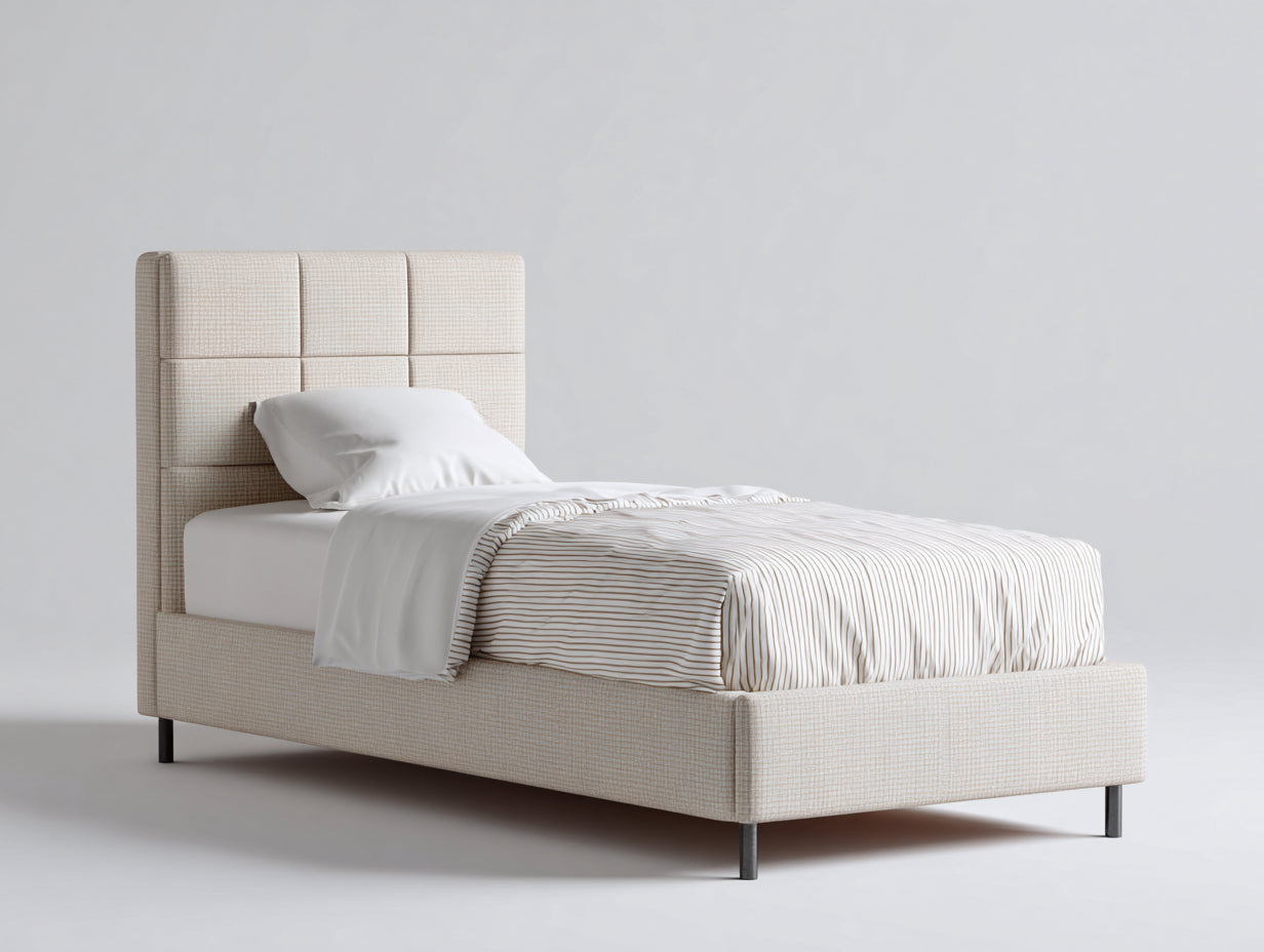 Camas individuales tapizadas en tela 205x105x112 cm - beige claro y negro - estilo moderno para dormitorio con cabecero acolchado